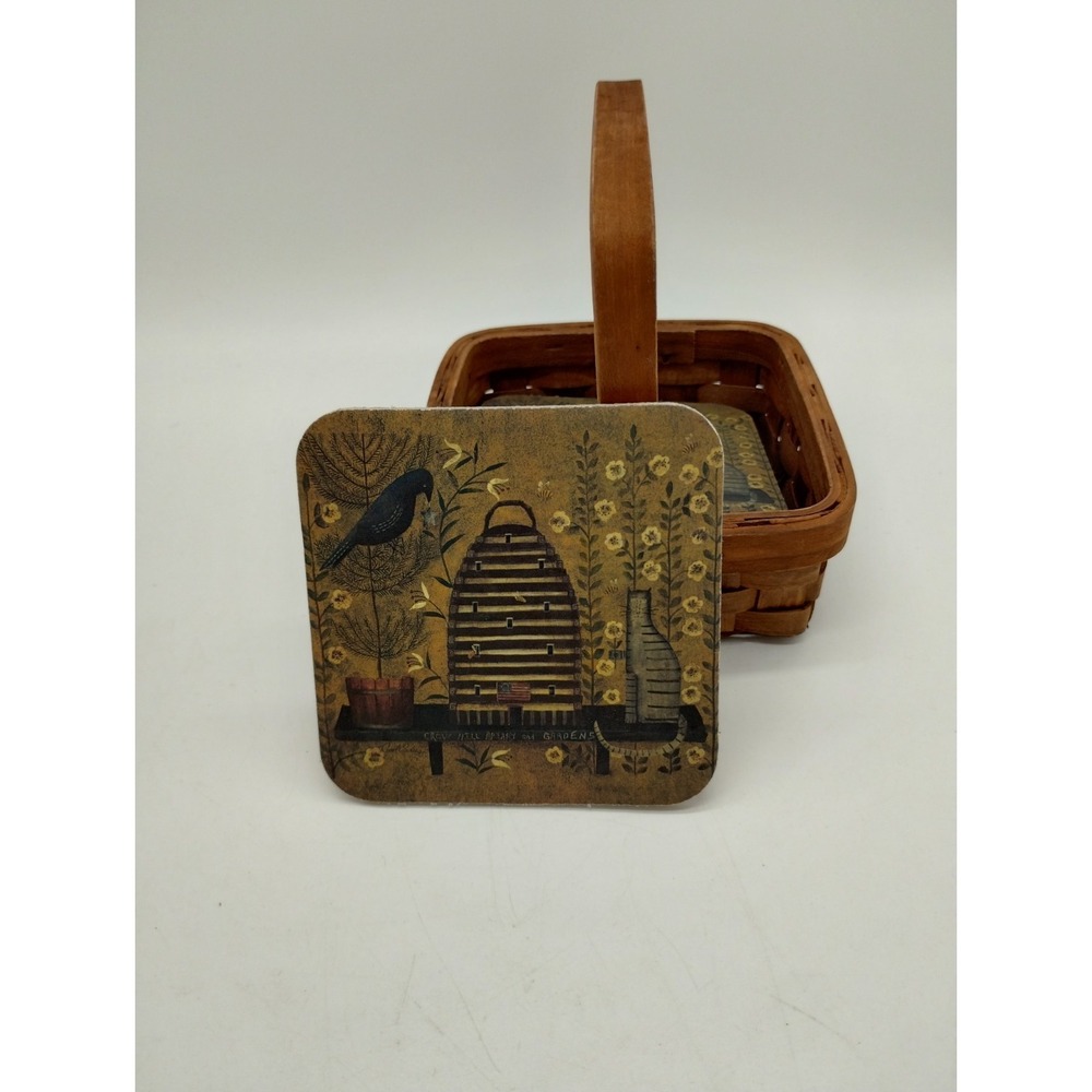 Set Of 4 Cork Backed Coasters Primitive Rustic In Basket Crow Beehive Garden